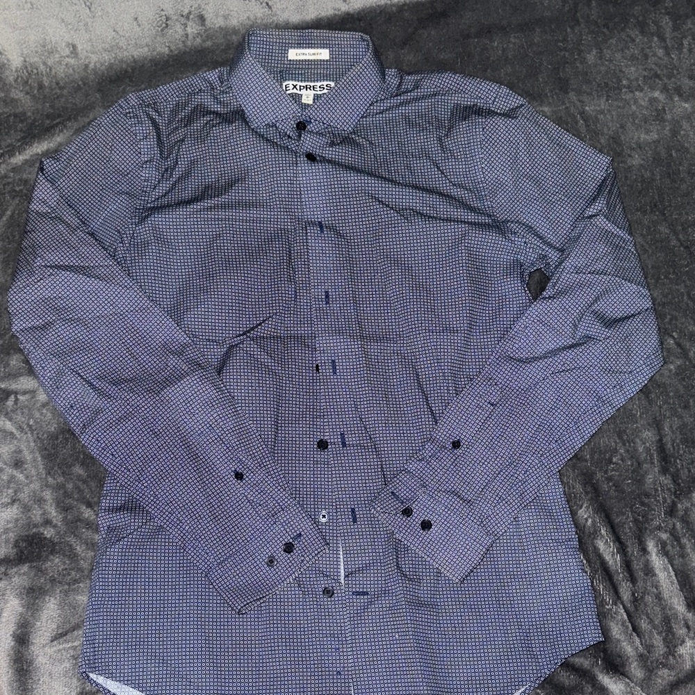 Express Men's Navy Patterned Button Down Shirt - image 2
